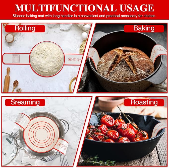 Silicone Bread Sling for Dutch Oven Baking Mat With Extra Long Handles Sourdough Bread Baking Supplies Non-Stick Silicone Mat Reusable Heat Resistant Food Grade Cooking Sheets Liners 2 PCS