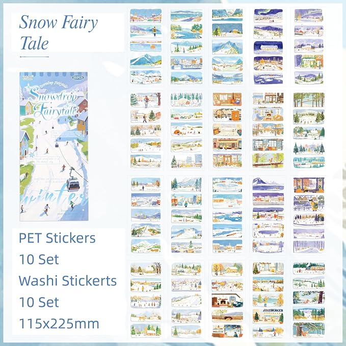 Snow Series Sticker Scrapbooking Supplies for Junk Journal, 10 Sheets PET Stickers and 10 Sheets Washi Stickers