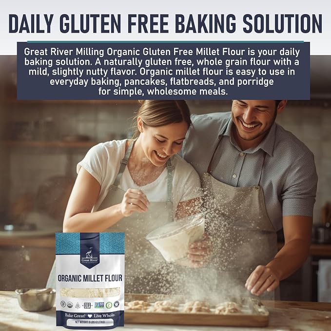 Great River Milling Organic Millet Flour | USDA Organic, Naturally Gluten Free, Non-GMO, Vegan, Kosher | Mild, Nutty Flavor for Baking, Flatbreads, Pancakes & Porridge | 5 Lb