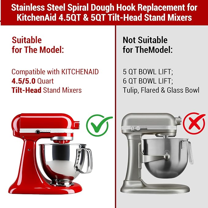 Stainless Steel Spiral Dough Hook for KitchenAid 4.5QT & 5QT Tilt-Head Stand Mixer, Efficient Dough Hook Attachment for Bread, Pizza & Pasta, Dishwasher Safe