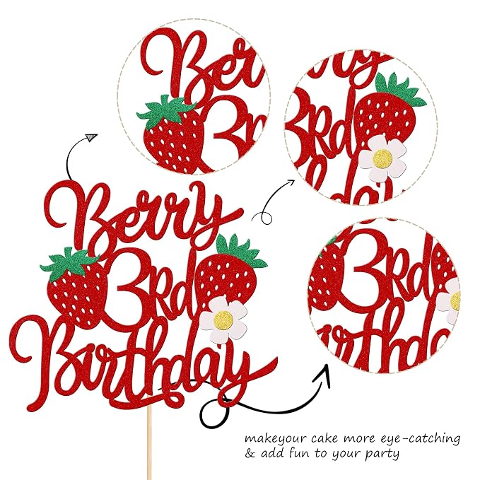 1 PCS Strawberry Berry 3rd Birthday Cake Topper Glitter Flower Sweet Fruit Theme Third Birthday Strawberry Cake Pick for Strawberry Theme Baby Shower 3rd Birthday Party Cake Decorations Supplies