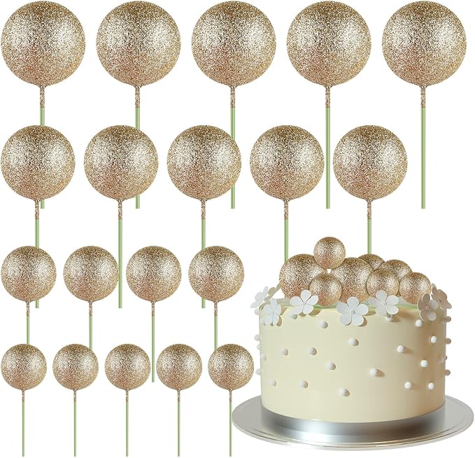 ASTARON 20pcs Ball Cake Toppers Mini Balloons Cake Decoration Balls Cake Picks for Wedding Anniversary Cake Decorations (Glitter Champagne Gold)