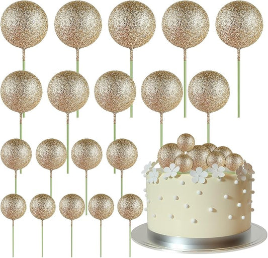 ASTARON 20pcs Ball Cake Toppers Mini Balloons Cake Decoration Balls Cake Picks for Wedding Anniversary Cake Decorations (Glitter Champagne Gold)