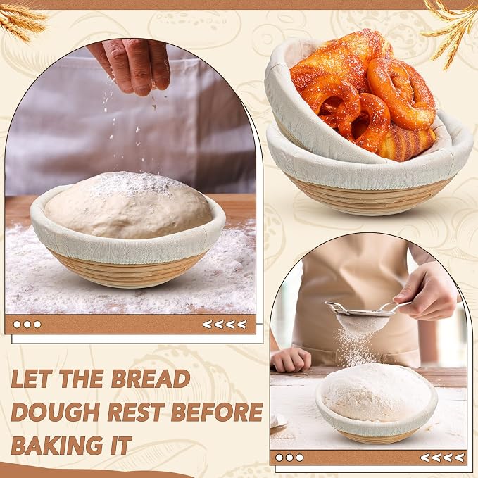 Patelai 10 Pieces Banneton Bread Proofing Basket Round Sourdough Proofing Basket Banneton Basket Dough Bowl with Liners and Scrapers for Home Making Bread Bakers Baking(9 Inch)