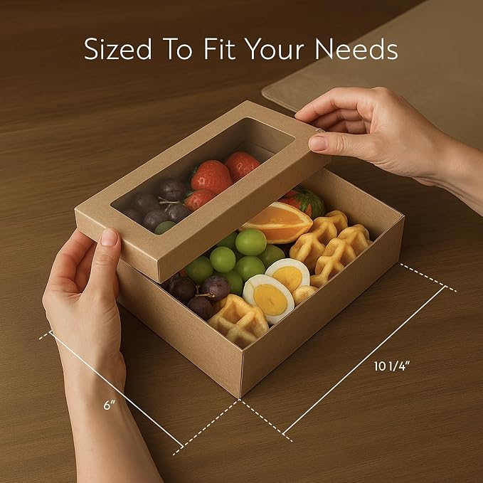 Restaurantware Cater Tek 10.2 x 6.1 x 3.2 Inch Baked Goods Boxes 100 Insert Tab Lock Window Pastry Boxes - Window Lids Easy Assembly Kraft Paper Catering Boxes For Charcuterie Or Cupcakes