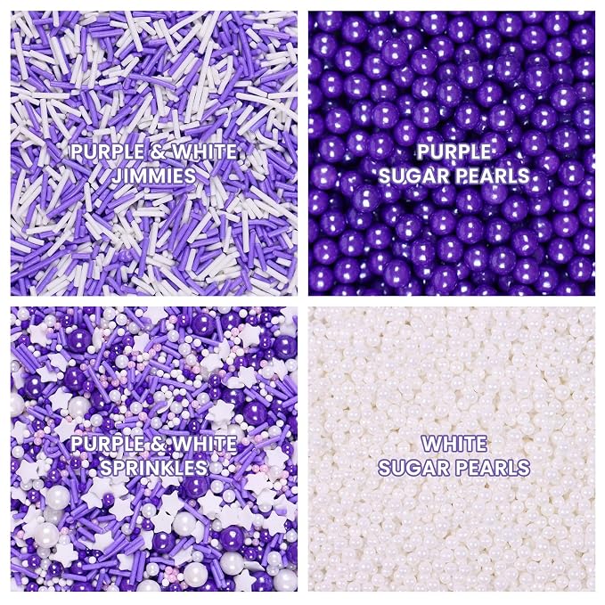 Sprinkles for Cake Decorating Edible Purple and White Jimmies Nonpareils Sugar Pearl Sprinkles Mix for Cookie Ice Cream Candy Chocolate Baking Cupcake Topping
