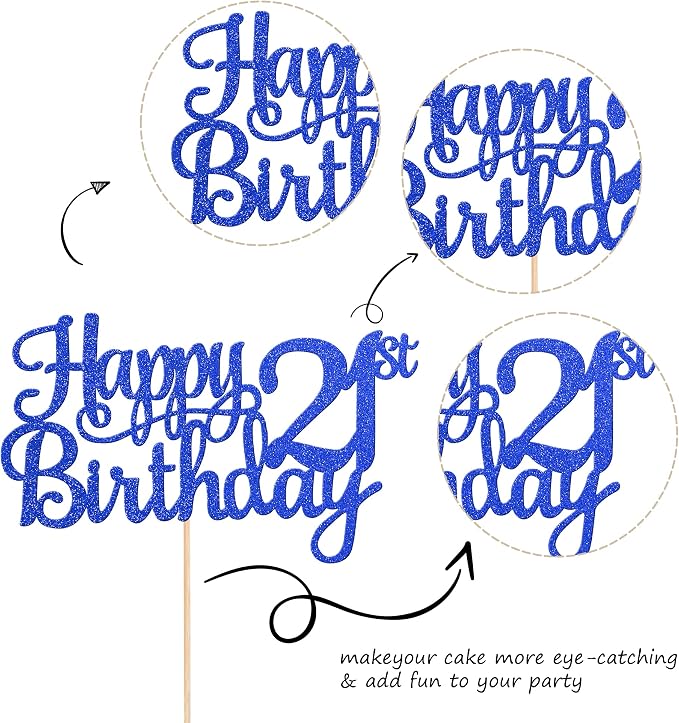 1 PCS Happy 21st Birthday Cake Topper Glitter Cheers to 21 Years Cake Pick 21 Fabulous Cake Decoration for 21st Birthday Theme Party Decorations Supplies Blue