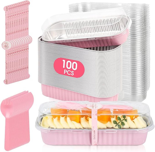 100 Pack Mini Cake Pans with Lids and Spoons, Disposable Aluminum Foil Cake Tins（6.8oz） Individual Small Cake Baking Containers for Party, Wedding, Birthday