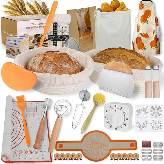 Sourdough Starter Kit, 23-Piece Bread Baking Set with Banneton Proofing Baskets Round & Oval, Starter Jar, Lame, Dough Whisk, Scraper & Sling - Sourdough Baking Supplies Gift for Beginners