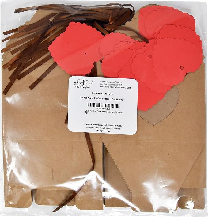 Gift Boutique Heart Gift Boxes 24 Pack Kraft Paper Favor Boxes with Heart Window Ribbon and Tags for Candy Cookies Treats Weddings Showers Party Favors