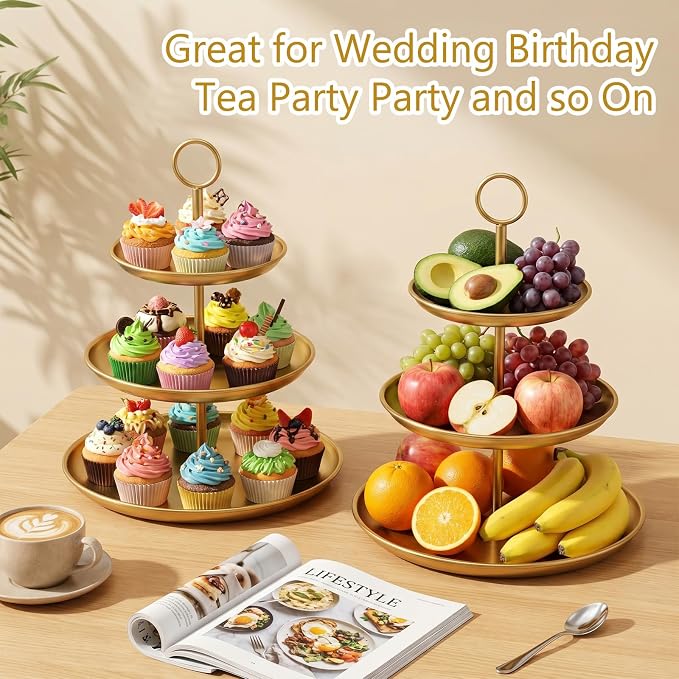 2 Pack Gold Cupcake Stand 3 Tier Stainless Steel Tiered Dessert Stand Display Tower for Wedding Birthday Party Baby Shower Festive Decor