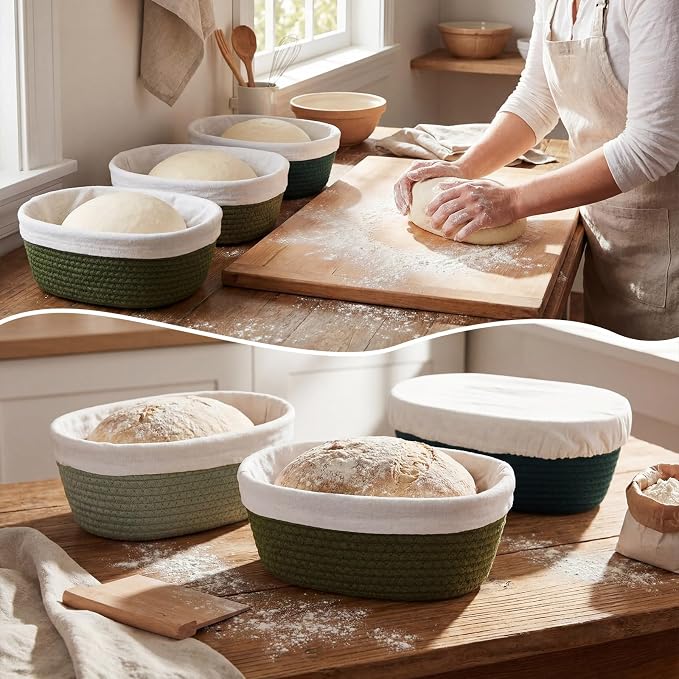 4 Pcs 10 Inch Cotton Rope Banneton Bread Proofing Basket Set Oval Banneton Basket Sourdough Bread with Liners Covers for Baking Supplies (Green Tones)