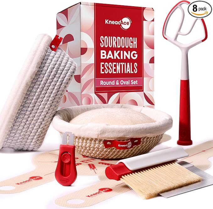 KneadAce Sourdough Kit, Sourdough essentials tools including round & oval proofing basket, round & oval bread sling, bread lame, bench scraper and baker's brush set and dough wand