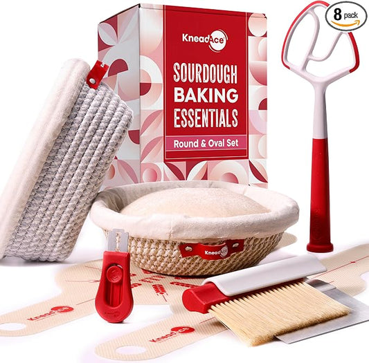 KneadAce Sourdough Kit, Sourdough essentials tools including round & oval proofing basket, round & oval bread sling, bread lame, bench scraper and baker's brush set and dough wand