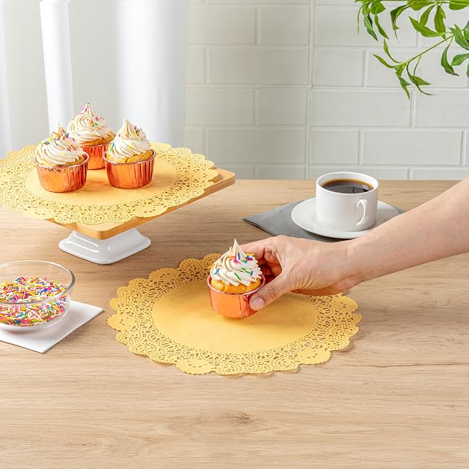 Restaurantware-Pastry Tek 12 x 12 Inch Paper Lace Doilies, 4000 Disposable Table Doilies - Elegant Lace Finish, Long Lasting, Orange Paper Placemat, for Pastries, Cupcakes, Desserts