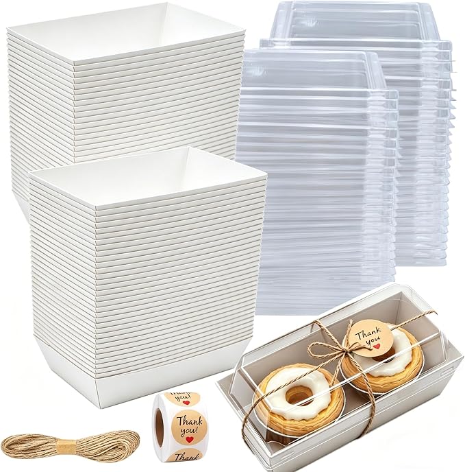 100 Pack Charcuterie Boxes with Clear Lids, White Mini Dessert Bakery Boxes, Empty To Go Food Containers with Stickers for 2 Cupcakes, Muffins, Cake Slice Sushi Strawberry, 5.5 x 2.7 Inches