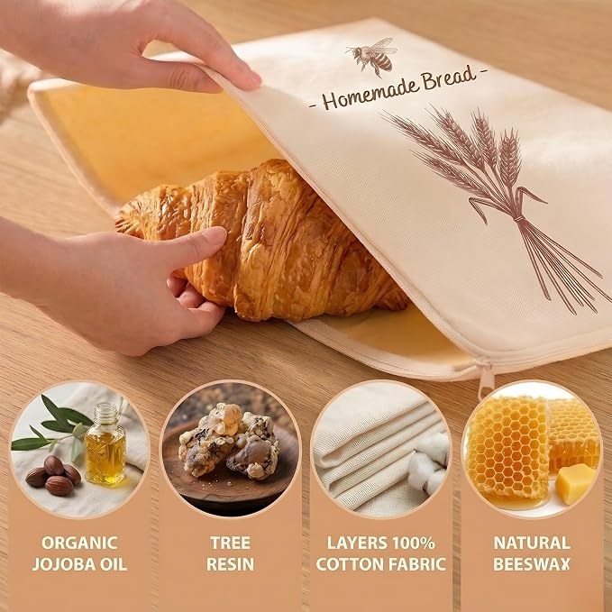 2 Pack XL Beeswax Bread Bags with Wide Zipper – Reusable Organic Linen Cotton for Sourdough, Keeps Fresh Longer