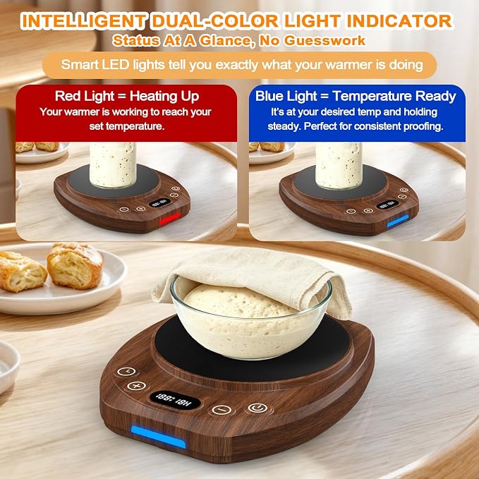 Sourdough Starter Warmer Mat,65-110°F 1°F Precision, 24H Timer & Memory, Electric Heating Mat for 24-40oz Jars, Home Baking（Wood grain）
