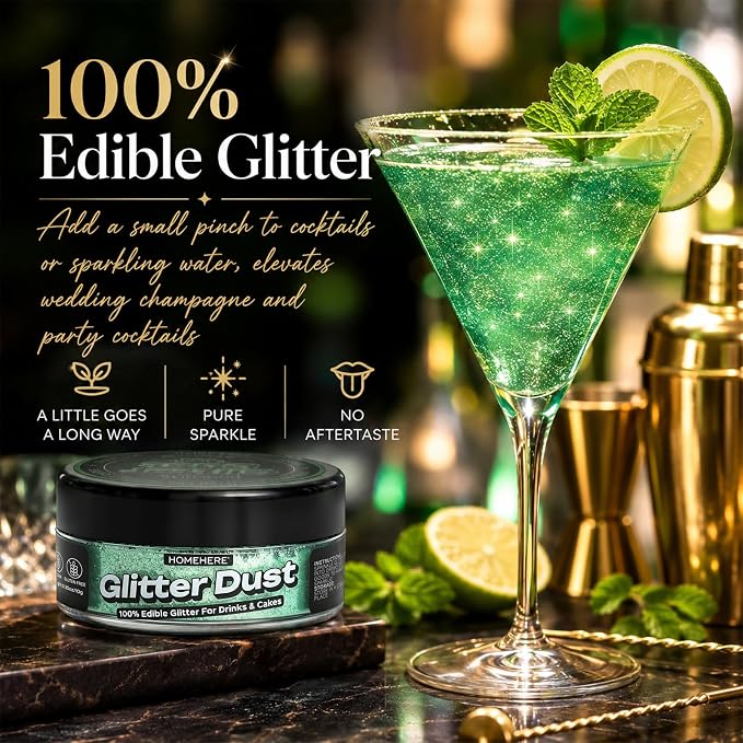 HomeHere Edible Glitter for Drinks & Cakes, 10g Food Grade Disco Diamond Glimmer Dust, Sparkle Powder for Cocktails, Chocolate, Baking Decorations, Vegan& Tasteless (Verdancy)