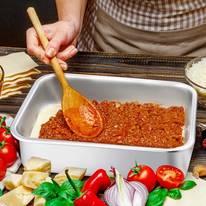 P&P CHEF Lasagna Pan, Rectangular Cake Pan Roaster Pasta Baking Cookie Sheet Pans Stainless Steel, Heavy Duty & Durable, Oven & Dishwasher Safe, 10.7" L x 3.2" H