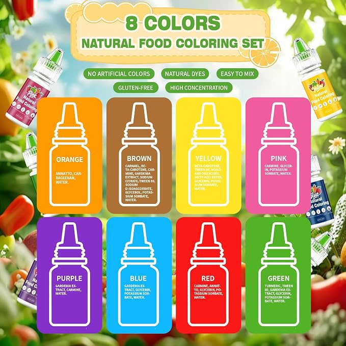 Natural Food Coloring Set 8 Colors FD&C Dye Free Natural Food Dye Set for Cake Baking Easter Egg Icing Frosting Fondant Cooking Decorating - 0.25 Fl. oz (6 ml)/Bottles