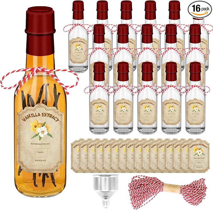 16 Pack Glass Vanilla Extract Bottles 5 oz with Lids, Vanilla Extract Labels, Shrink Band and Funnel, Glass Jar Vanilla Bottles for Syrup, Jars for Vanilla Extract