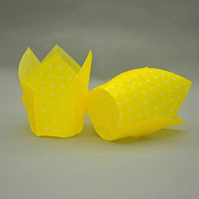 QLSmypkg Large Muffin Greaseproof paper Baking cupcake cups, 2-1/4" x 4" Yellow printed with Polka Dot Tulip Baking Cup(Large) (125pcs)