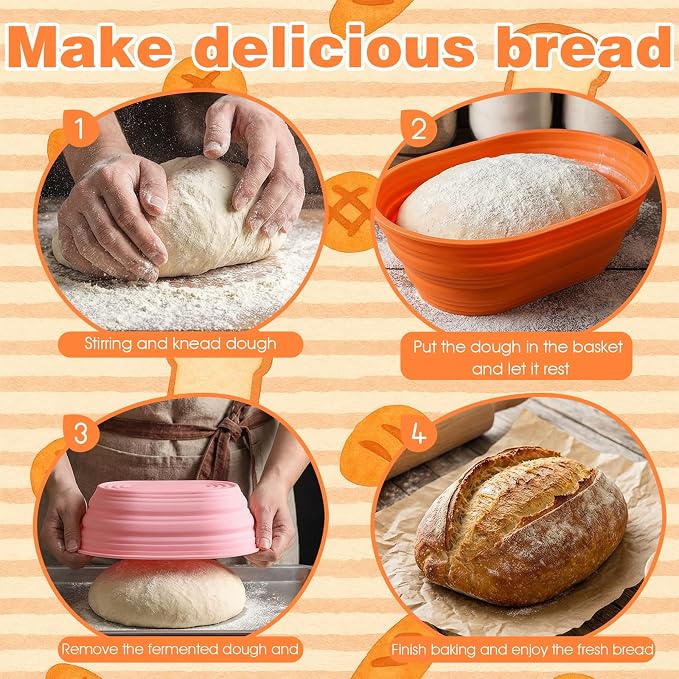 4 Pcs Oval Silicone Bread Proofing Basket Set, 10 Inch Foldable Sourdough Banneton Basket for Non-Stick Dough Rising - Oven, Dishwasher Safe (Beige, Green, Orange, Pink)