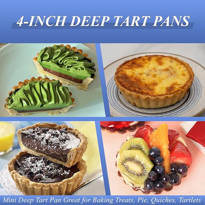 4 Pack Deep Tart Pans with Removable Bottom, 4-Inch Nonstick Quiche Pan with Silicone Basting Pastry Brush for Baking Treats, Pie, Quiches, Tartlets