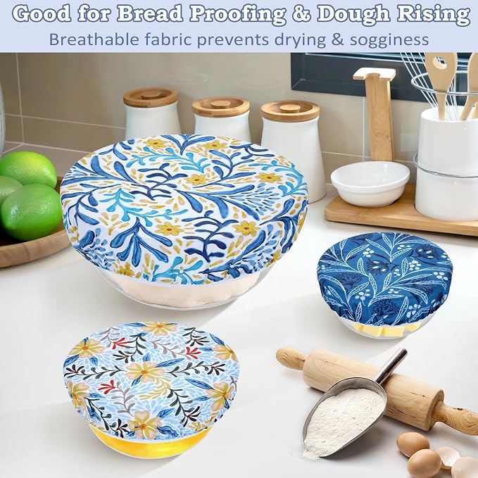 5-Size Reusable Beeswax Bowl Covers for Bread Proofing, Cotton Cloth Flexible Beeswax Wraps for Food Storage(Blue Floral)
