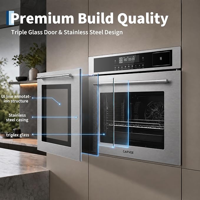 Garvee 24 Inch Built-in Steam Electric Oven Combo, 2.5 Cu.ft Convection Wall Oven, 5 Cooking Modes, Steam Function, Triple-Layer Glass, Easy Clean Interior, Timer & Safety Lock, Silver