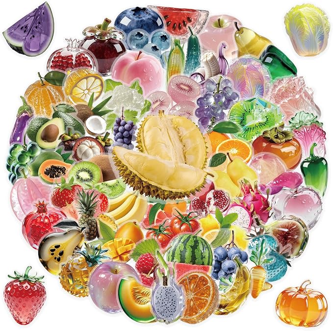 100Pcs Fruit Mix PET Stickers Pack, Transparent Fruit Stickers Waterproof Fruits Decals for Water Bottles Laptop Scrapbooking Journaling Guitar Suitcase Phone Gifts for Kids Teens
