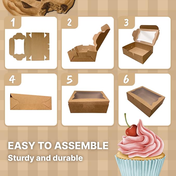 G GAMERIEND Kraft Paper Bakery Boxes - 12-Pack Pastry Boxes with Window for Cookies, Chocolate Covered Strawberries, Macarons, and Muffins, Dessert Disposable Packaging 8 x 6 x 2.5 Inches