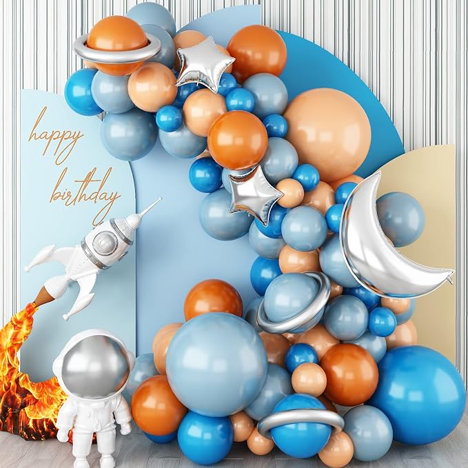 Blue and Orange Balloons Arch Kit, Space Balloon Arch Garland Kit With Metallic Silver Balloons, Teal Nude Latex Balloons for Kids Boy Space Party Birthday Orange and Blue Graduation Decorations