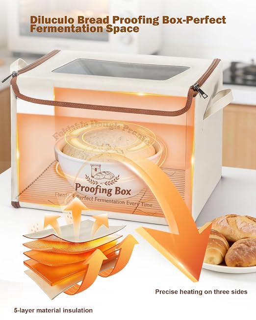 Folding Bread Proofing Box，with Digital Thermometer & Hygrometer, 55-133°F Precision Temp Control, 48H Timer, Even Heat for Sourdough, Yogurt, Kombucha, Pizza & More