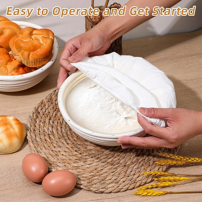 2-Pack Sourdough Bread Proofing Basket & Banneton Bread Proofing Basket Set with Liners, 8" Round Rattan Dough Bowls (7.87"x3.15") for Artisan Baking