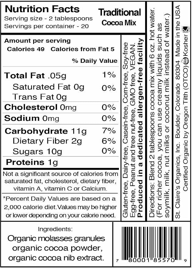 St. Claire's Organic Gourmet Hot Cocoa, (Traditional, 12 Ounce Bag, 20 servings) | Allergen-Free, Vegan, GMO-Free, Gluten-Free | Made in our Allergen-Free facility
