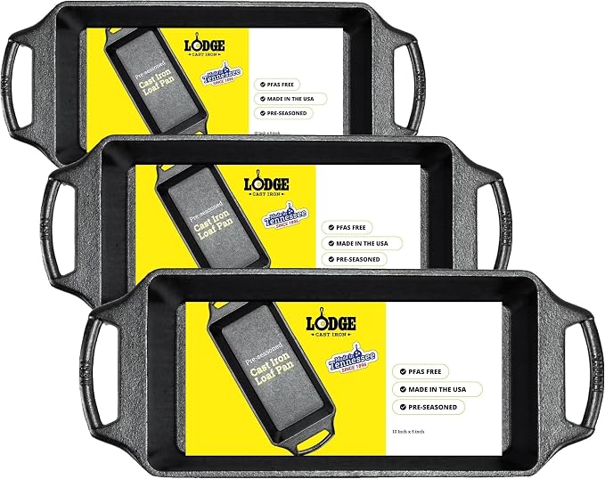 Lodge Cast Iron Loaf Pan - 10 x 5.37 Inch PFAS-Free Bread Baking Pan - Naturally Seasoned Cast Iron Bakeware for Sourdough, Meatloaf, Breads, and More - Made in the USA - 3 Pack