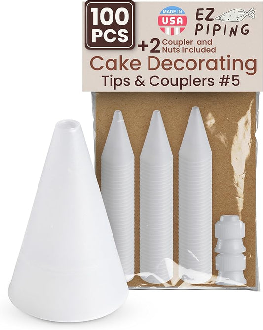 Reusable Plastic Piping Tips Standard Size Round Tip #5 100 Pack with 2 Couplers Round Icing Nozzle for Cake Decoration, Dessert Design Baking Supplies & Piping Bags Base Ø 0.75"Height 1.25"