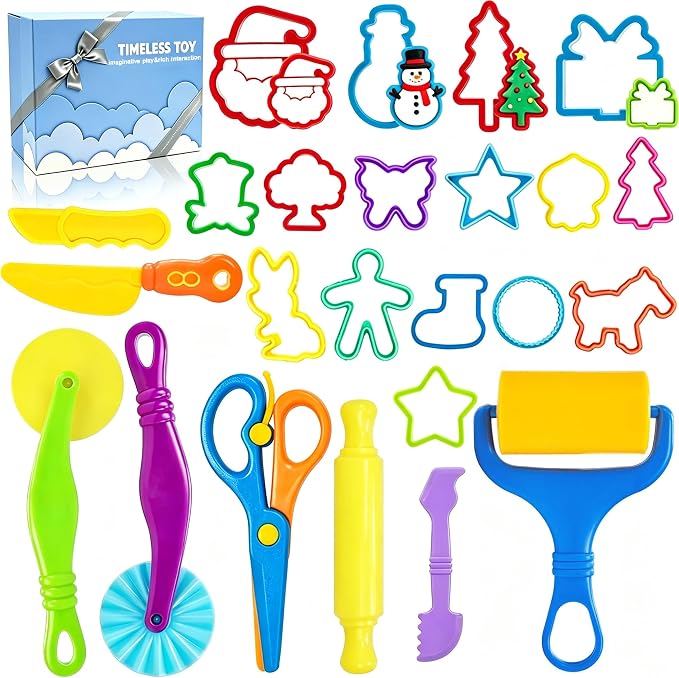 Playdough Tool Set, 24 Pcs Dough Tools Sets for Kids Ages 4-8, Dough Accessories Includes Cutters Roller, Rolling Pins, Safety Scissors, Plastic Knife, Plastic Rollers