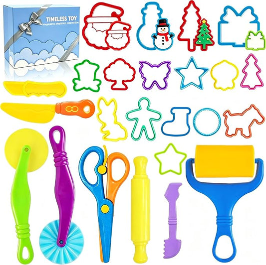 Playdough Tool Set, 24 Pcs Dough Tools Sets for Kids Ages 4-8, Dough Accessories Includes Cutters Roller, Rolling Pins, Safety Scissors, Plastic Knife, Plastic Rollers