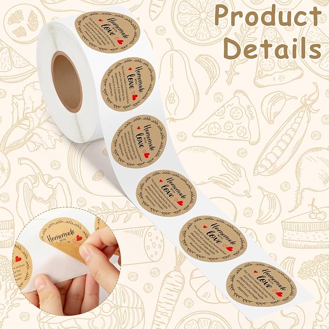 PANTIDE Cottage Food Law Labels Stickers - 500 Count Homemade with Love Adhesive Round Decal Roll, Made in A Home Kitchen Inspection Statement Thermal Printed for Packaging (2 x 2 Inch, Kraft Brown)