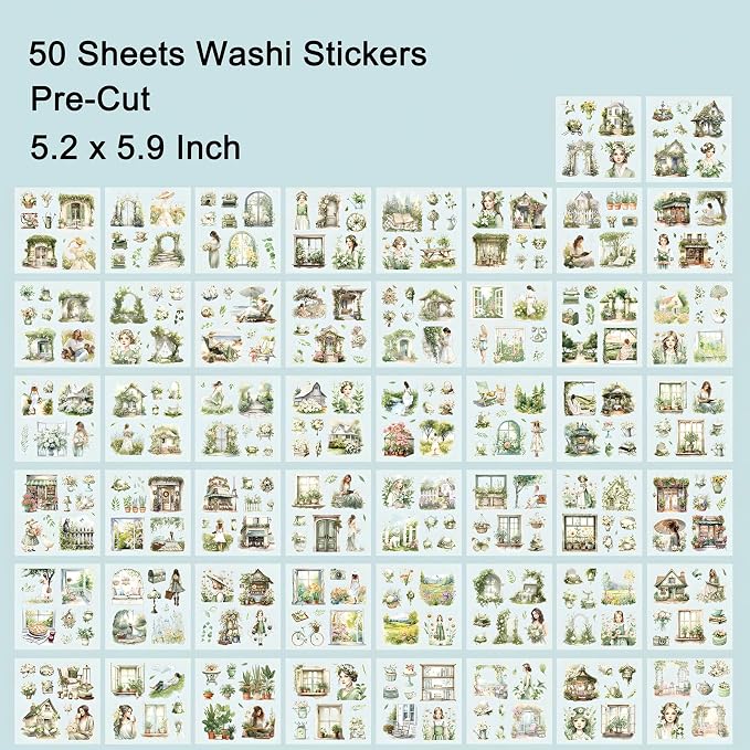YagCu Garden Journal Stickers, 50 Sheets Washi Junk Journaling Sticker Book, Scrapbook Supplies, Watercolor Scrapbooking for Adults, Green Decorative Ephemera Arts Craft