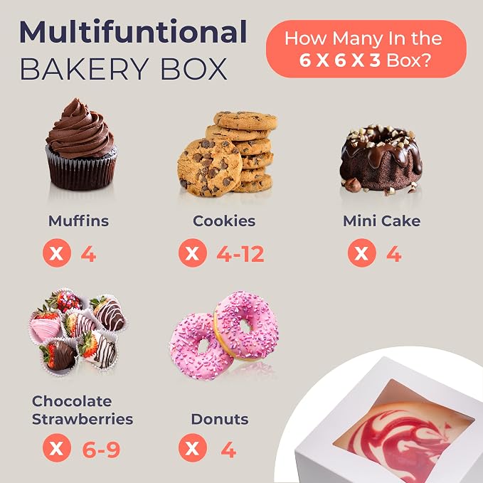 Fit Meal Prep 25 Pack Bakery Boxes with Window 6x6x4