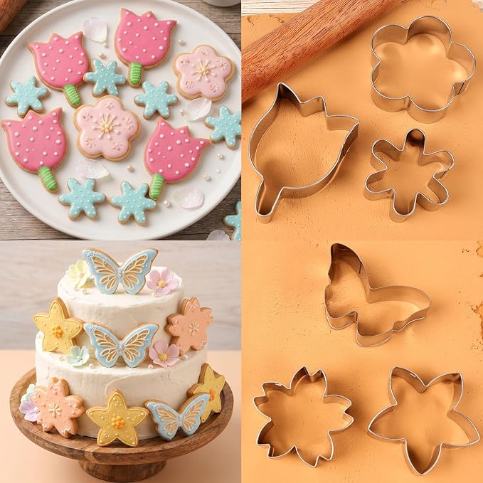 6 PCS Flower Cookie Cutters Set, Stainless Steel Flower Cookie Cutters, Butterfly Cherry Blossom Tulip Daisy Shaped Baking Tools for Home Baking, Party Favors