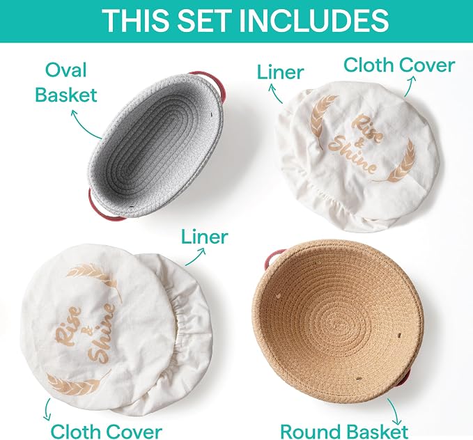 Baker's Secret Cotton Rope Banneton Bread Proofing Basket Set, Oval & Round Bread Baskets with Liners & Covers for Artisan Bread Baking, Sourdough Bread Baking Supplies