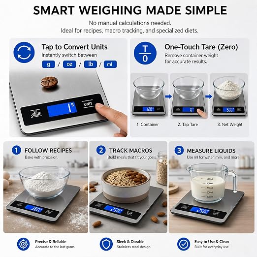 33lb/15kg Digital Food Scale for Kitchen, Measuring Recipes, Meat, Pet Care | 1g High Precision Stainless Steel Scale with Timer, Tare & Unit Conversion (g/oz/ml/lb) for Baking, Coffee, Bread, Meat
