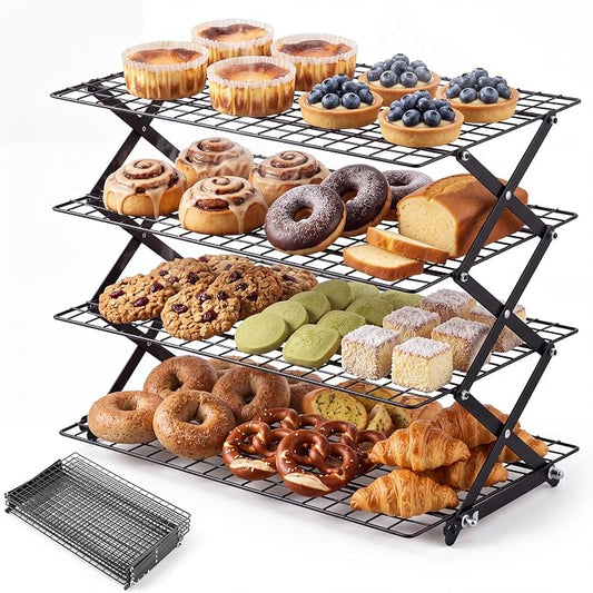 INNOVATIVE LIFE 4-Tier Collapsible Cooling Rack with 3-Setting Adjustable Design, Space Saving Metal Food Display Stand, Stackable Multi-Purpose Roasting Cooling Rack for Baking Cooking Cookies Picnic