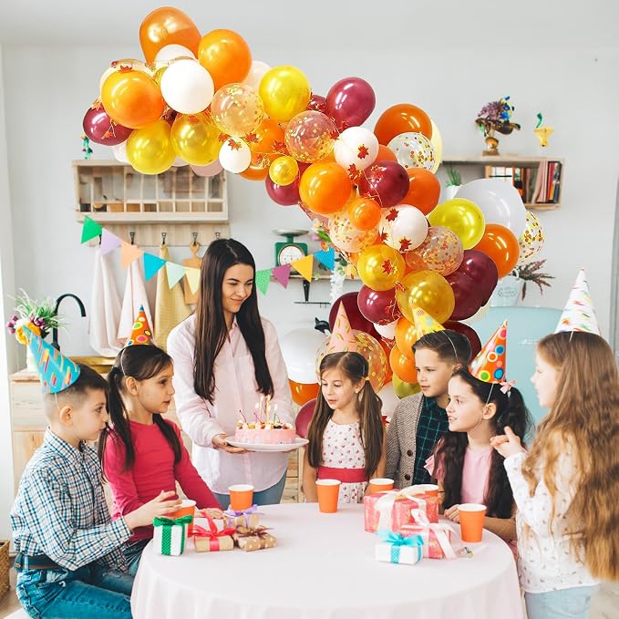 Fall Balloon Arch Kit, Orange Gold Burgundy Fall Balloon Garland Kit, Thanksgiving Balloons with 2pcs 2-Meter-Long Maple Leaves, Pearl Gold Orange White Balloons for Autumn Harvest Party Decorations