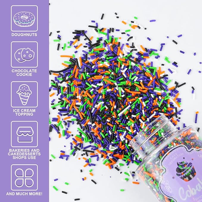 Halloween Jimmies Sprinkles for Cake Decorating 4.2 oz Edible Purple Orange Black and Green Sprinkles for Cupcake Topper Cookie Chocolate Cake Ice cream Decorations Baking Halloween Party